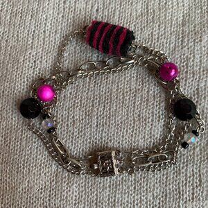 Creation - Recycle fabric Pompom bracelet beads chains Purple black